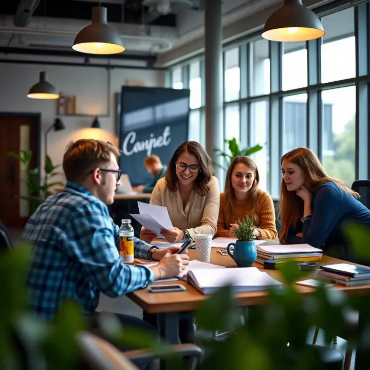 Creative team brainstorming advertising ideas in a bright office space