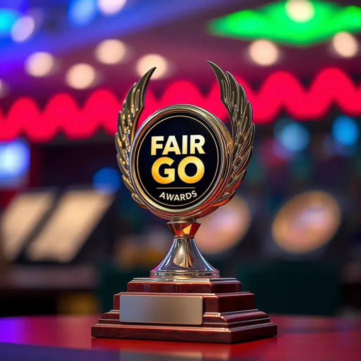 Trophy showcasing the Fair Go Ad Awards emblem on a polished wooden base
