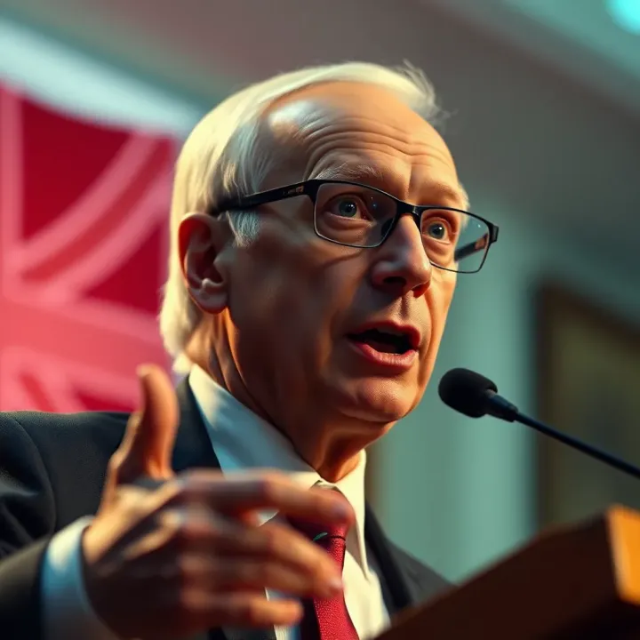 Portrait of Dick Smith delivering a public speech on social fairness and entrepreneurship in Australia