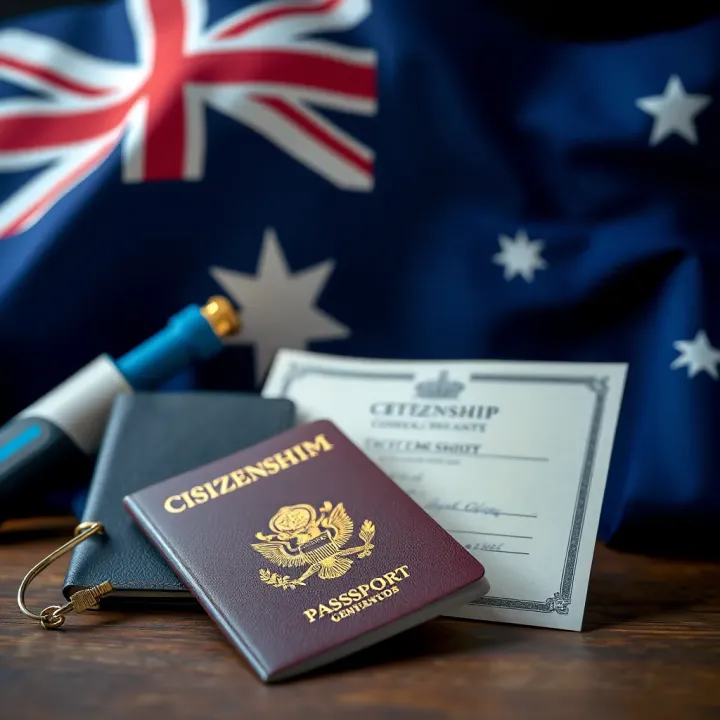 Symbolic representation of Australian citizenship including a passport, citizenship certificate, and Australian flag