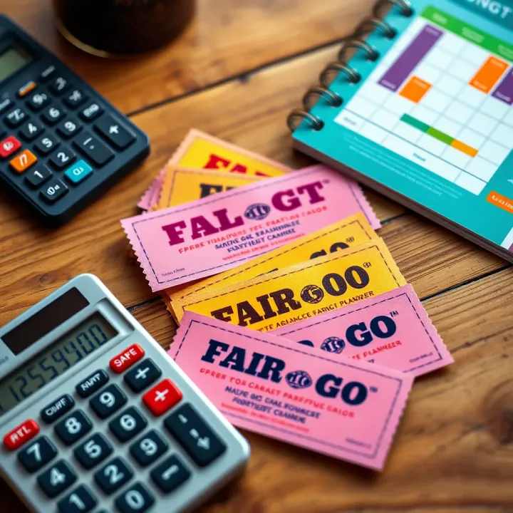 Colorful assortment of Fair Go Bonus coupons displayed on a wooden table alongside a calculator and budget planner