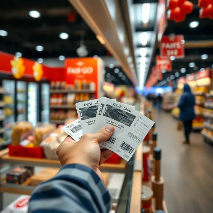 Close-up view of a local store checkout counter with a customer handing over Fair Go Bonus coupons for redemption