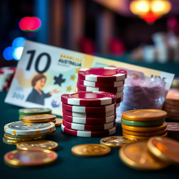 Conceptual graphic of a casino chip stack with Australian currency notes and coins