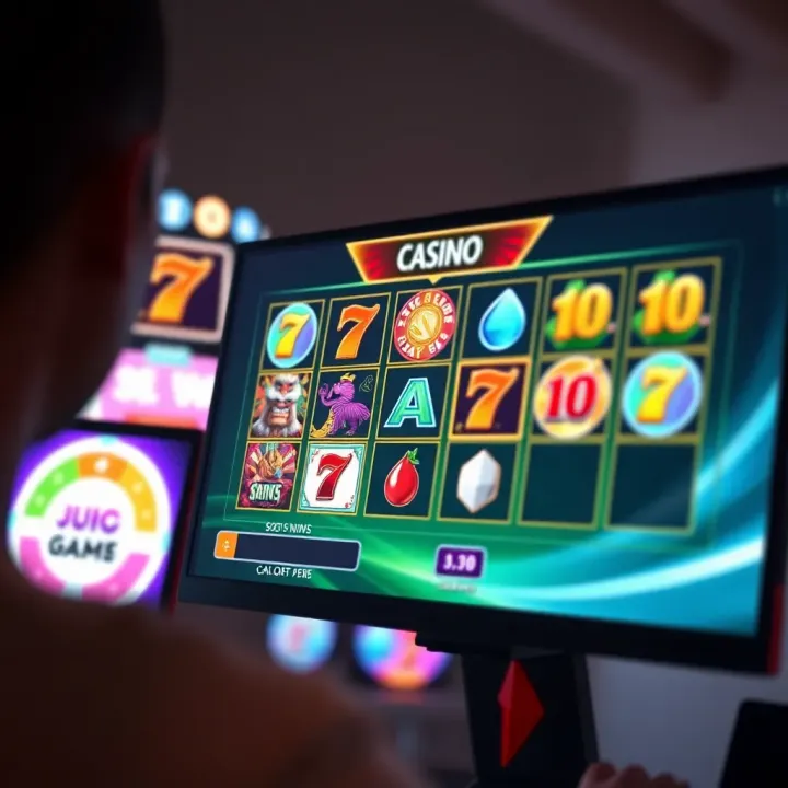 Illustration of a digital casino interface displaying various slot games on a computer screen