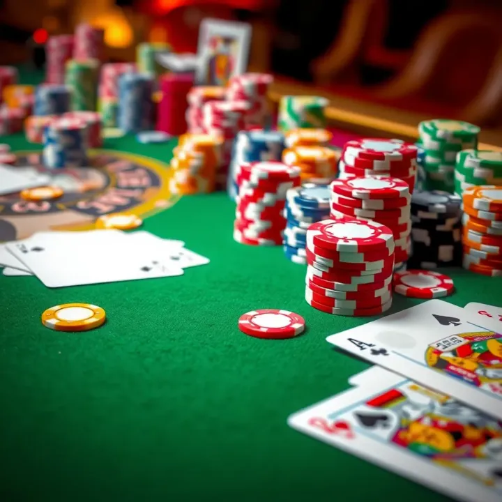 Colorful casino chips and playing cards scattered on a green felt table symbolizing online casino bonuses