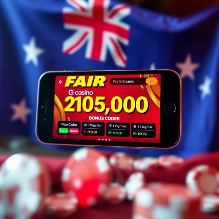 Mobile device displaying Fair Go Casino interface with bonus codes and Australian flag background