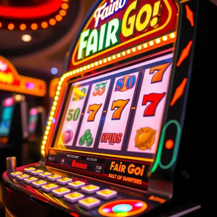 Bright casino slot machine with colorful bonus symbols glowing