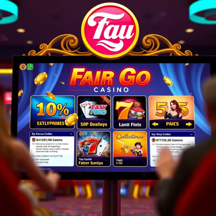 Illustration of a digital casino interface displaying promotional bonus codes and rewards