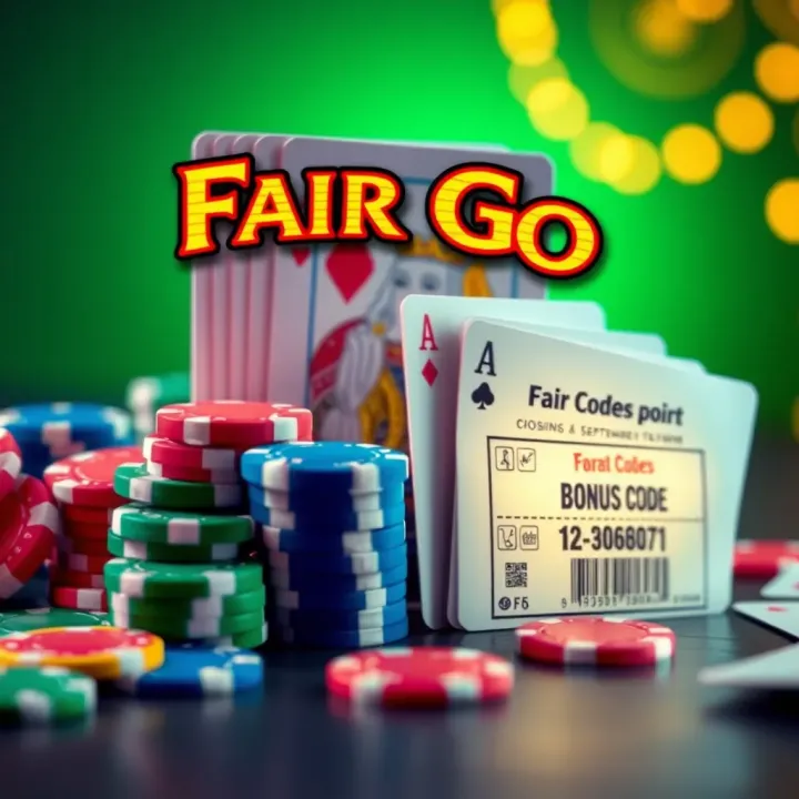 Colorful casino chips and playing cards next to a glowing bonus code voucher