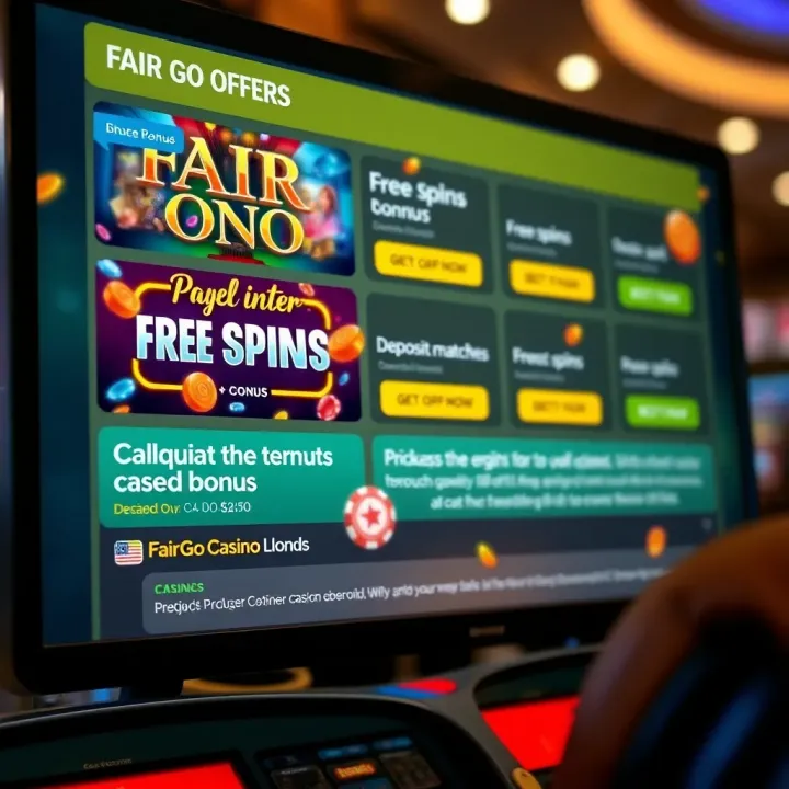Digital interface displaying various casino bonus options including free spins and deposit matches with terms highlighted