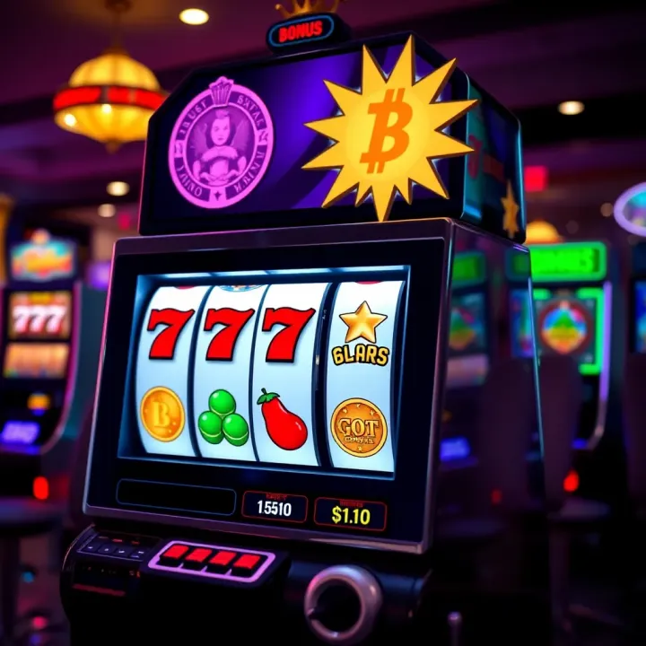 Illustration of a digital slot machine with bonus symbols and coins highlighting casino promotions