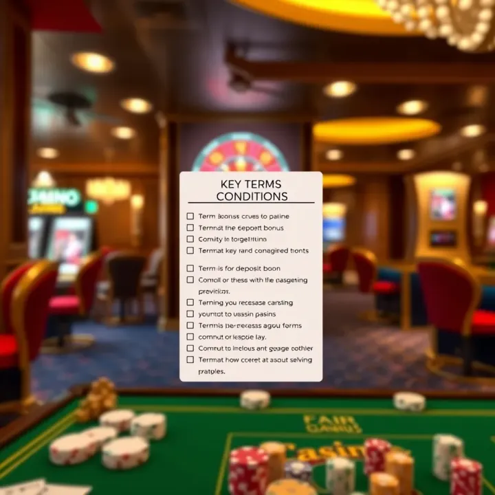 Graphic showing a checklist of terms and conditions with a casino backdrop