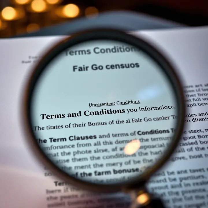 Illustration of terms and conditions document with a magnifying glass highlighting important clauses for casino bonuses