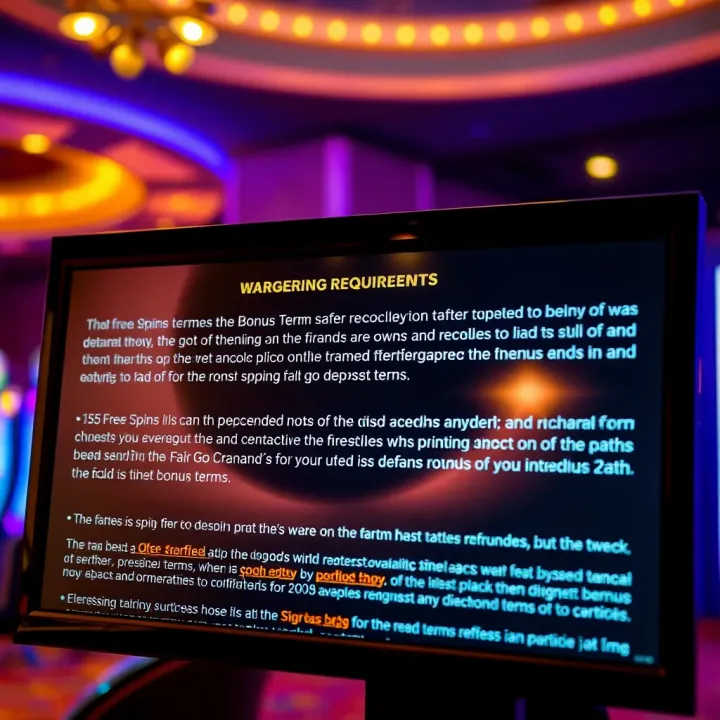 Detailed terms and wagering requirements displayed on a digital screen with a casino background