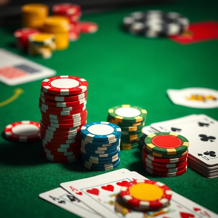 Colorful casino chips stacked on a green felt table with playing cards nearby
