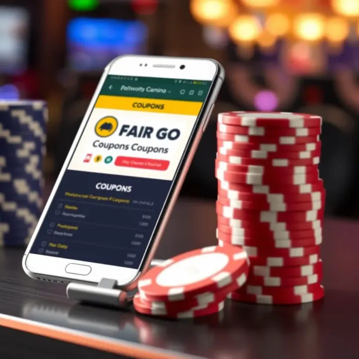 Bright casino chips stacked beside a smartphone displaying a promotional coupon on screen