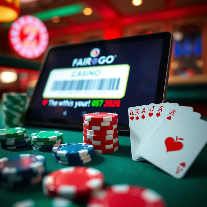 Bright casino chips and playing cards arranged beside a digital coupon code on a screen