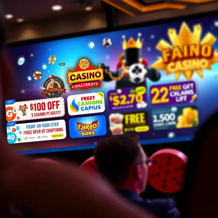 Illustration showing various online casino coupons and promotional offers with a digital background
