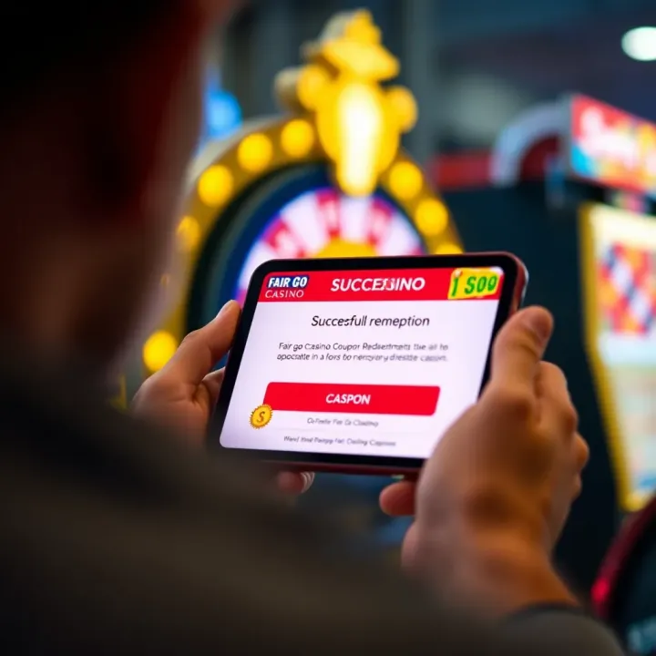 Close-up of a mobile device displaying a successful coupon redemption confirmation for an online casino