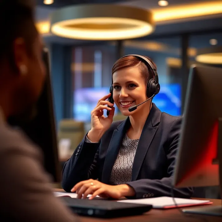 Customer support representative speaking on the phone with a headset in a modern office environment