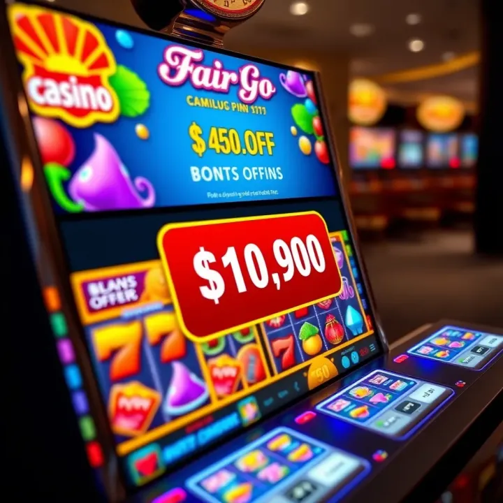 Fair Go Casino Slot Games and Bonus Offer Display Online casino interface displaying colorful slot game reels and bonus offer notification