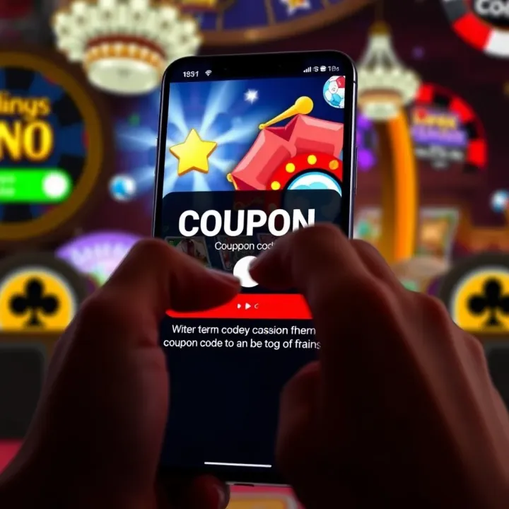 Illustration of a digital coupon code being entered on a mobile device with casino-themed background elements