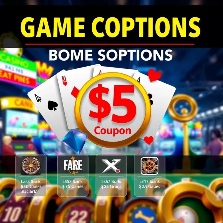 Graphic depicting various casino game icons like poker cards, roulette wheel, and slot machines highlighting game options