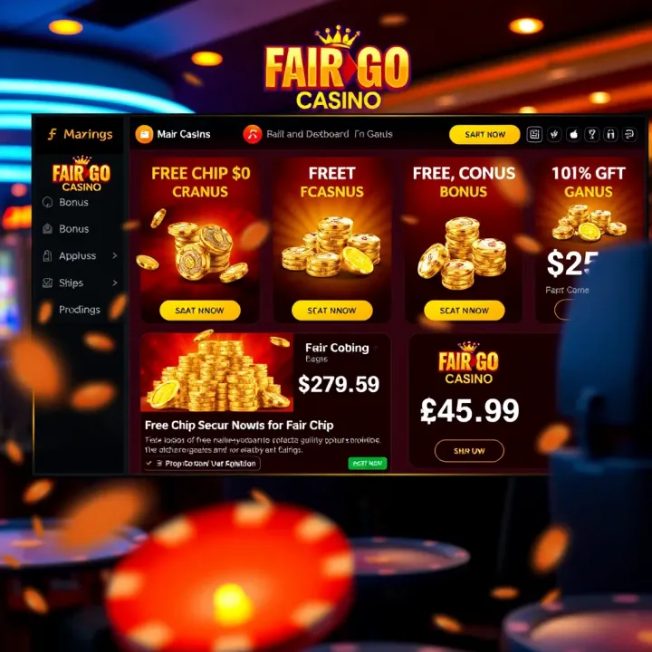 Online casino dashboard displaying free chip offers and bonus details