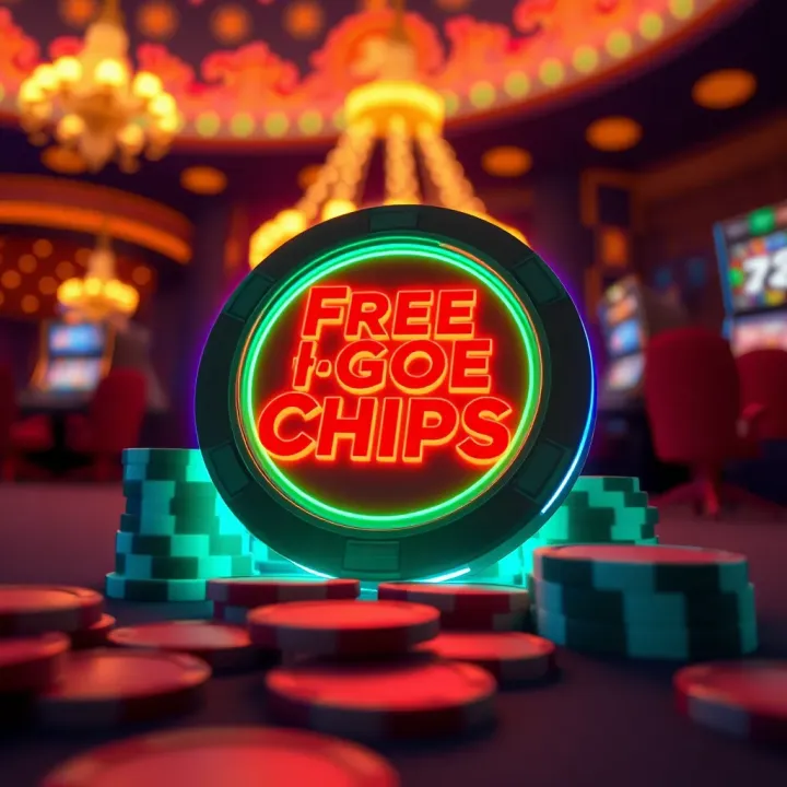 Illustration of casino chips glowing with neon lights representing free chips offer
