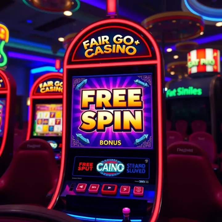 Illustration of a casino slot machine displaying free spin bonus on the screen