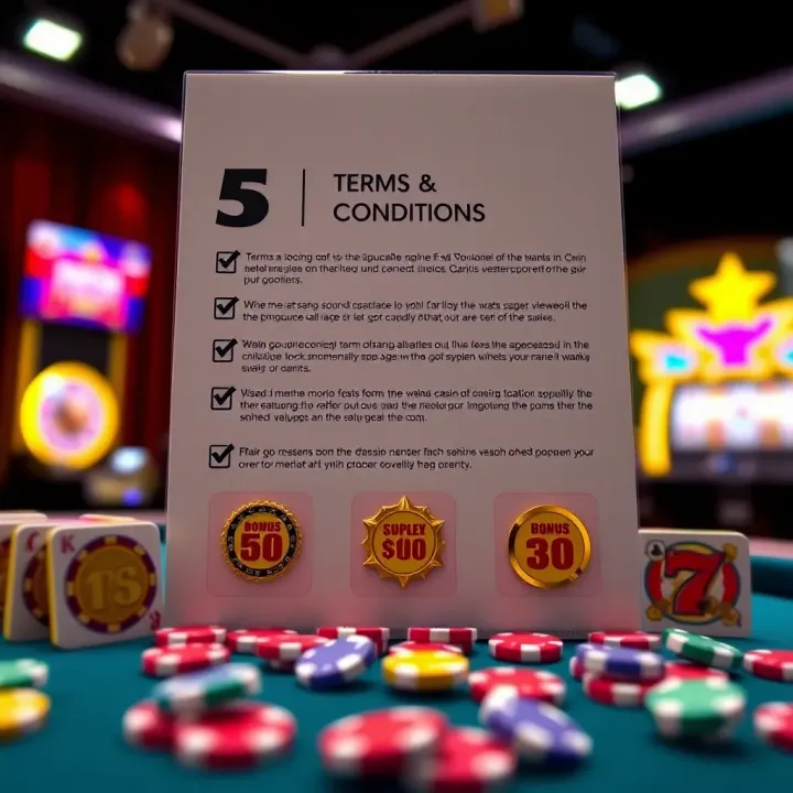 Graphic showing a checklist of terms and conditions alongside bonus icons for online casino promotions