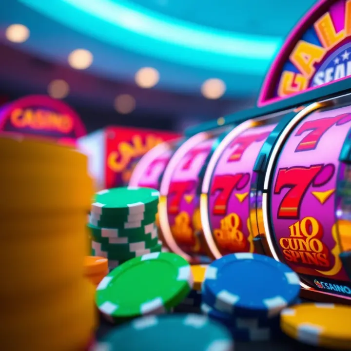 Colorful casino chips and glowing slot machine reels representing free spins bonus offers