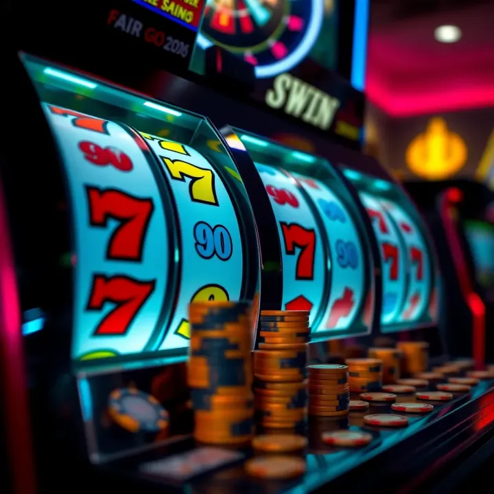 Slot machine reels showing winning combination with casino chips and coins