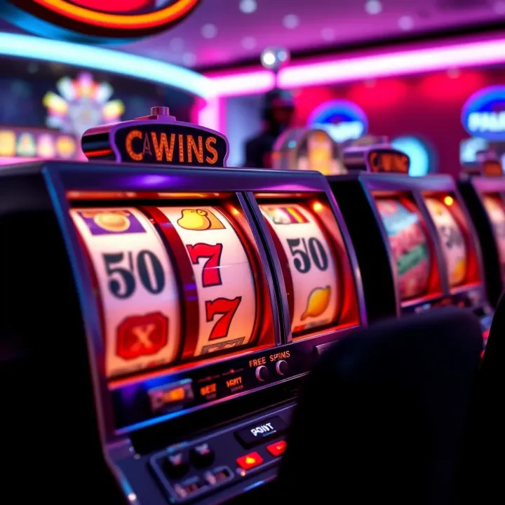 Slot machine reels displaying winning symbols with bright lights