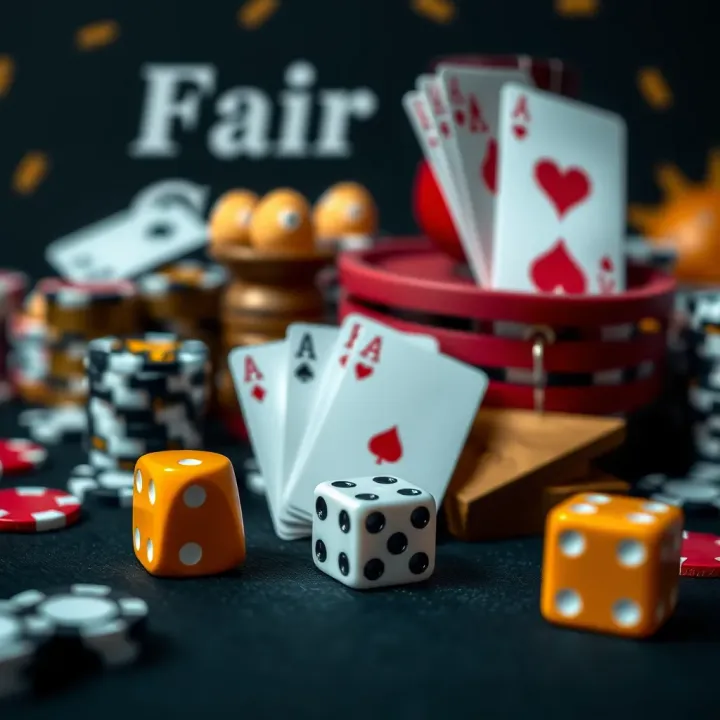 Assorted casino game icons including cards and dice on a dark background