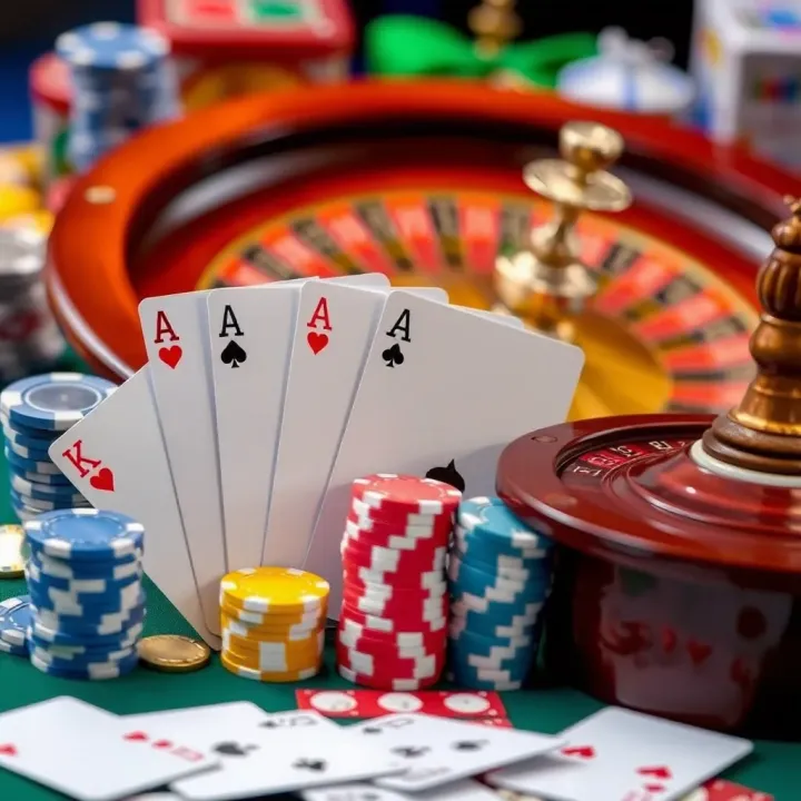 Selection of popular casino games including cards, roulette wheel, and chips