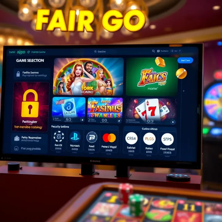 Display of various casino games on a screen with icons representing secure payment methods and responsible gambling