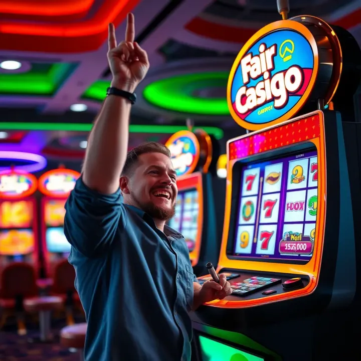 Excited player celebrating a jackpot win on a digital slot machine at Fair Go Casino