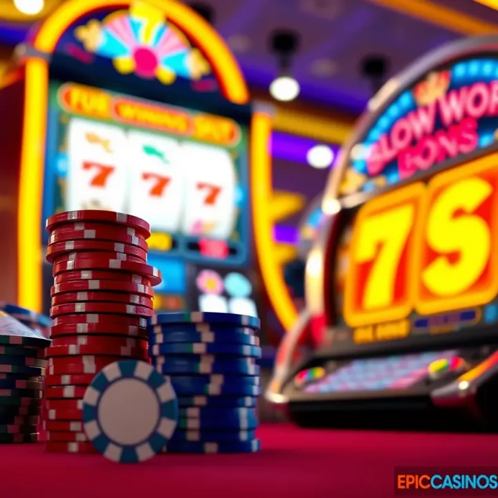 Bright casino chips stacked beside a glowing slot machine displaying winning symbols