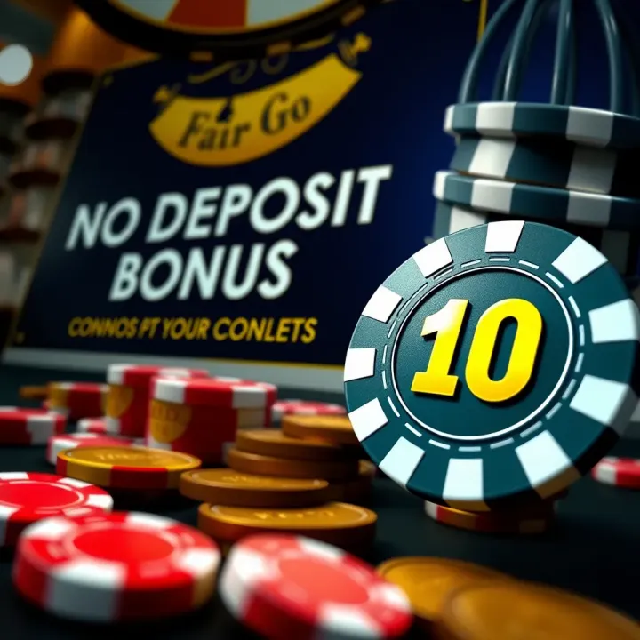 No Deposit Bonus Promotion and Casino Chips Concept at Fair Go Casino Graphic showing casino chips and coins with promotional text about no deposit bonuses