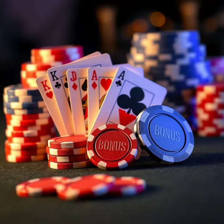 Illustration of casino chips and playing cards symbolizing bonus rewards