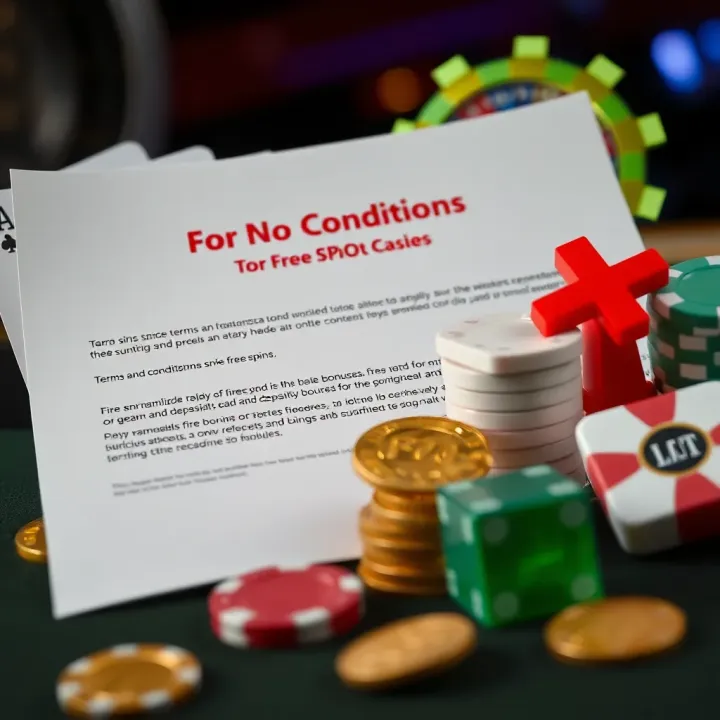 Graphic depicting free spins and bonus coins with terms and conditions document beside casino elements