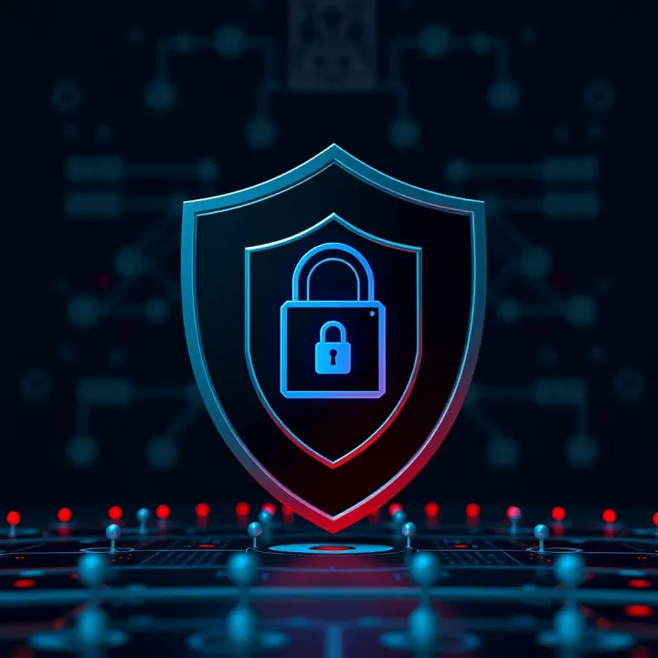 Digital security shield icon with a lock symbolizing data protection on a dark background