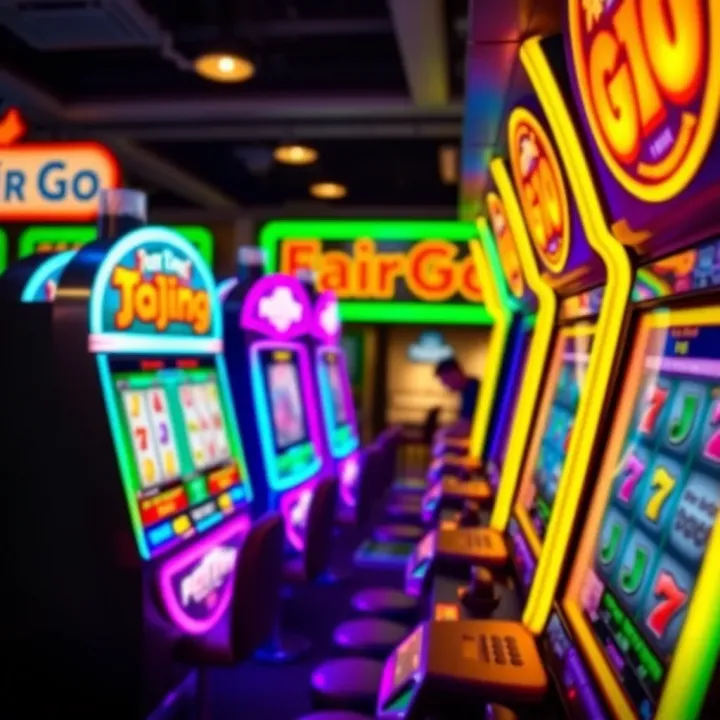 Colorful virtual casino slot machines with bright lights and spinning reels