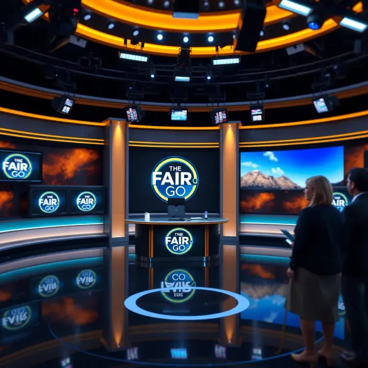 Television studio set with Fair Go programme logo and host desk