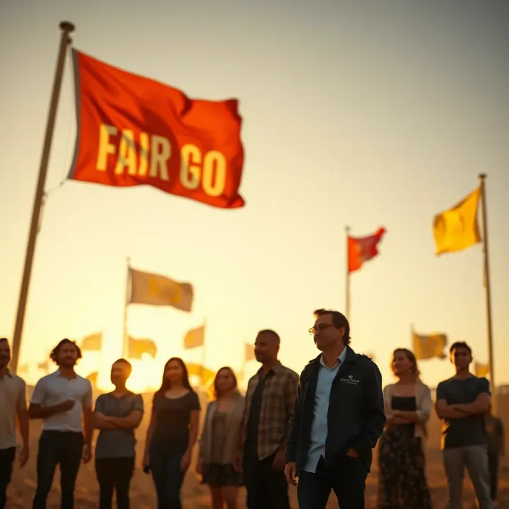 A diverse group of Australians standing together with symbols of equality and fairness in the background
