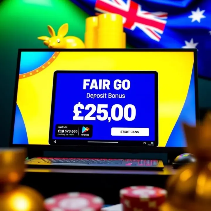 Illustration of a digital casino screen displaying a deposit bonus offer with a vibrant Australian flag background