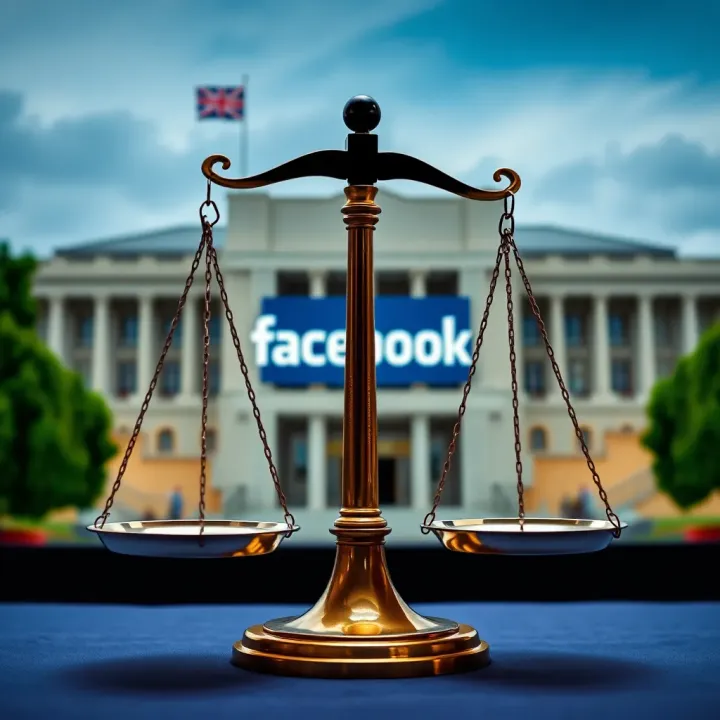 Illustration of a balanced scale symbolizing fairness with Facebook logo and Australian government building in the background