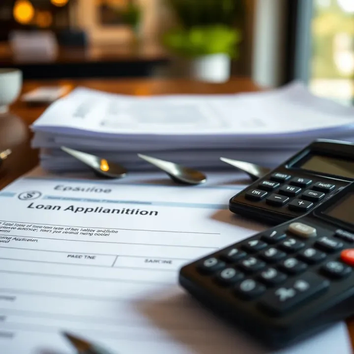 Visual representation of a loan application with documents and calculator
