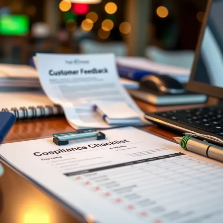 Customer feedback forms and compliance checklist on a desk